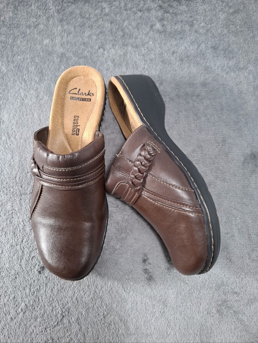 Clarks Women's Collection Brown Leather Braided Mule Clogs Cushion Soft Sz 8